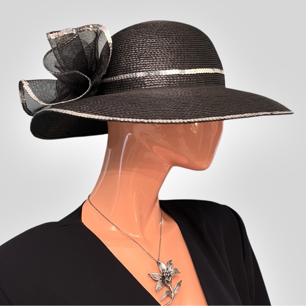 Vintage Wide Brim Straw Hat with Sequin Trim